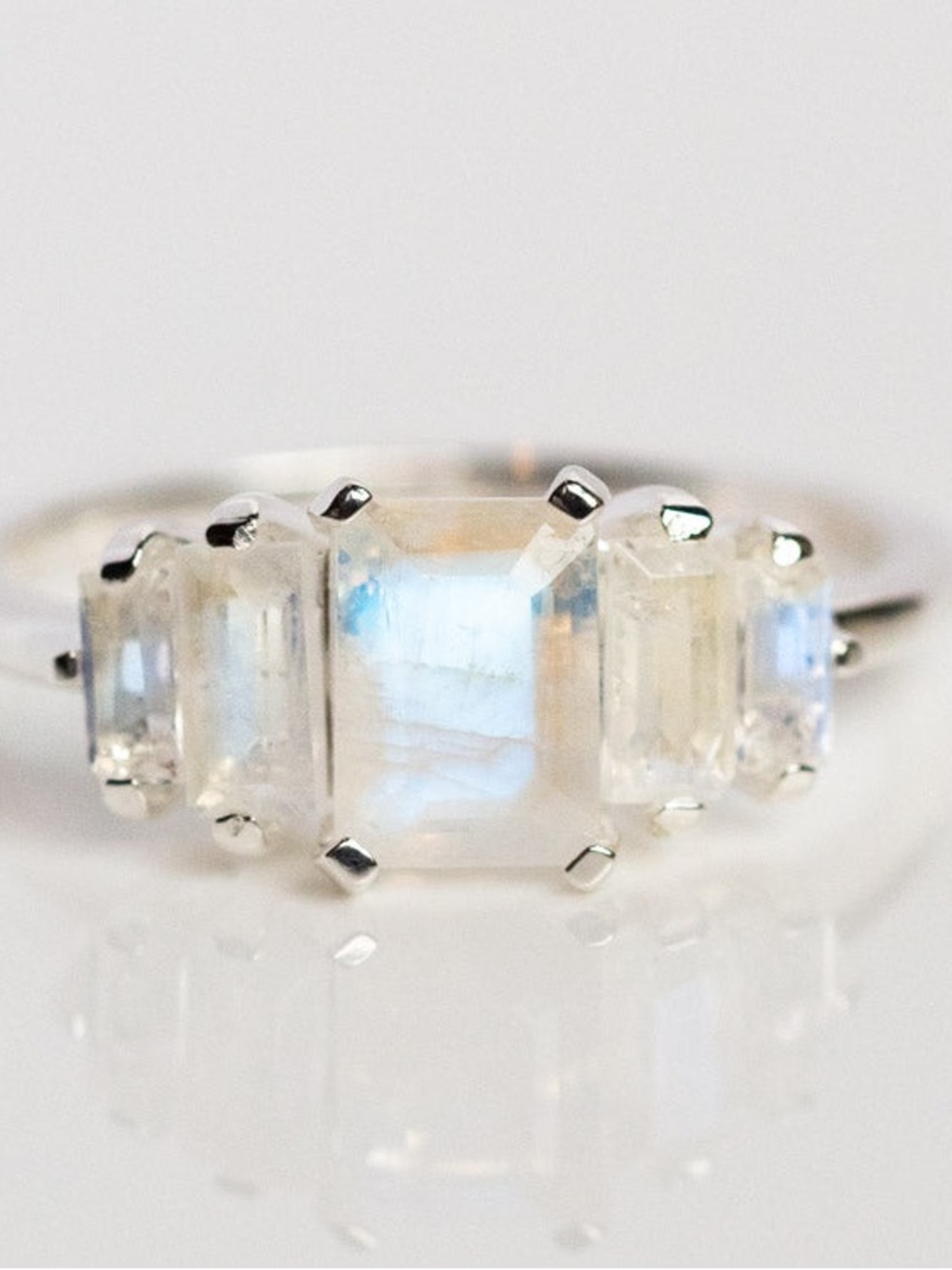 Local Eclectic Moonstone Art Deco Five-Stone Silver Ring